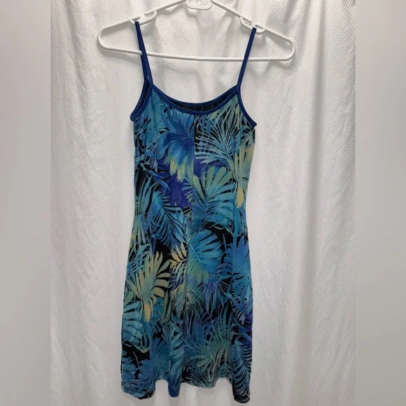 Vintage Y2K Tropical Blue Leaf Print Spaghetti Strap Mini Dress USA Made Size M - Picture 4 of 9